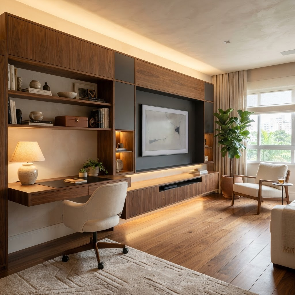 Sala planejada com painel e marcenaria em madeira — imagem ilustrativa