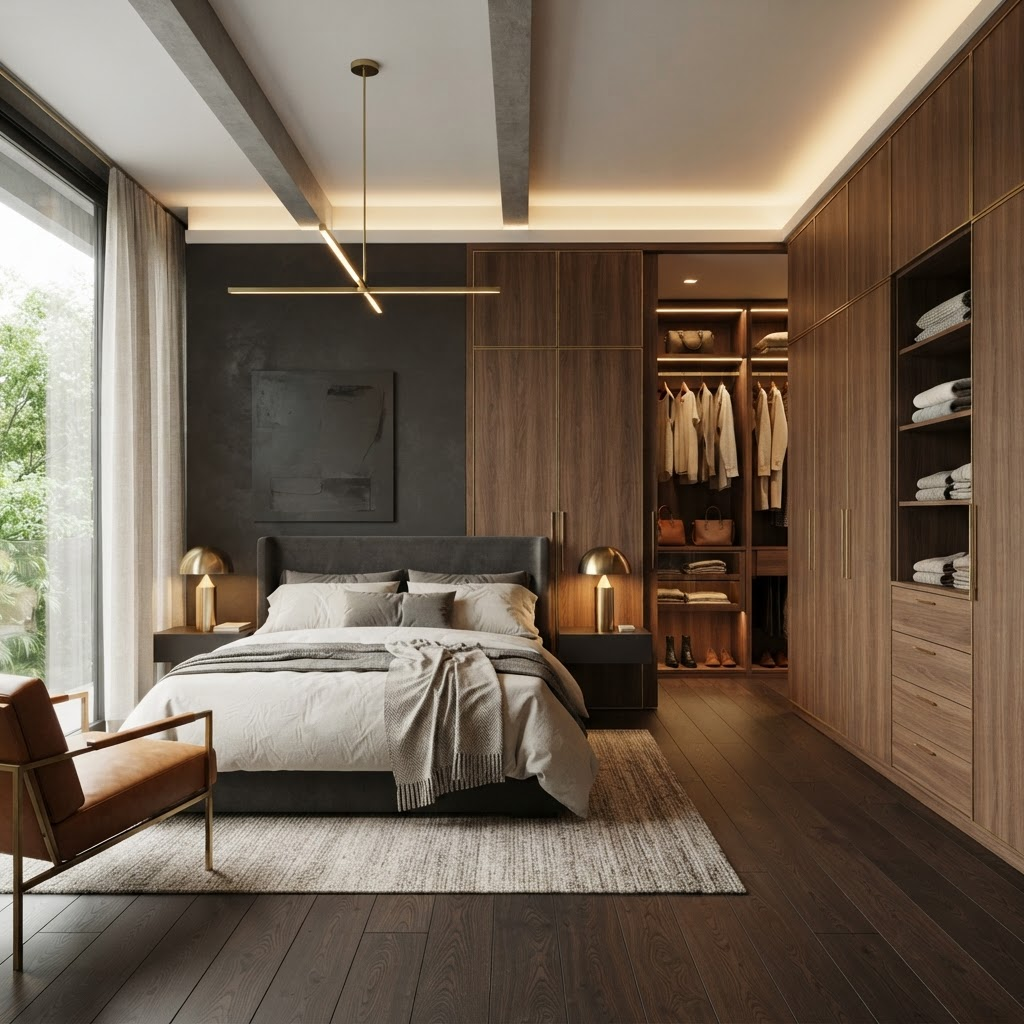 Quarto planejado com armários em madeira — imagem ilustrativa